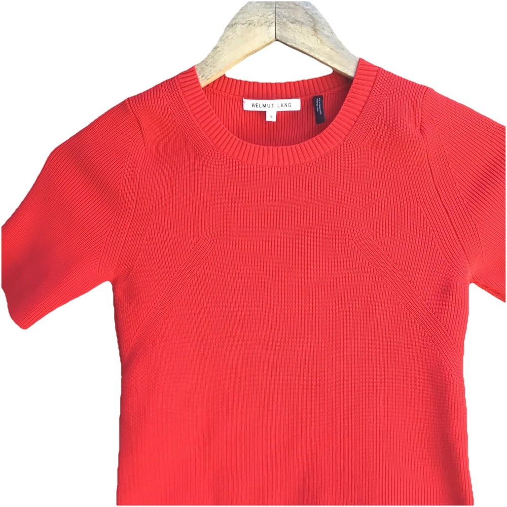 Helmut Lang Rib Knit Short Sleeve Top Red Stretch Designer Womens Small